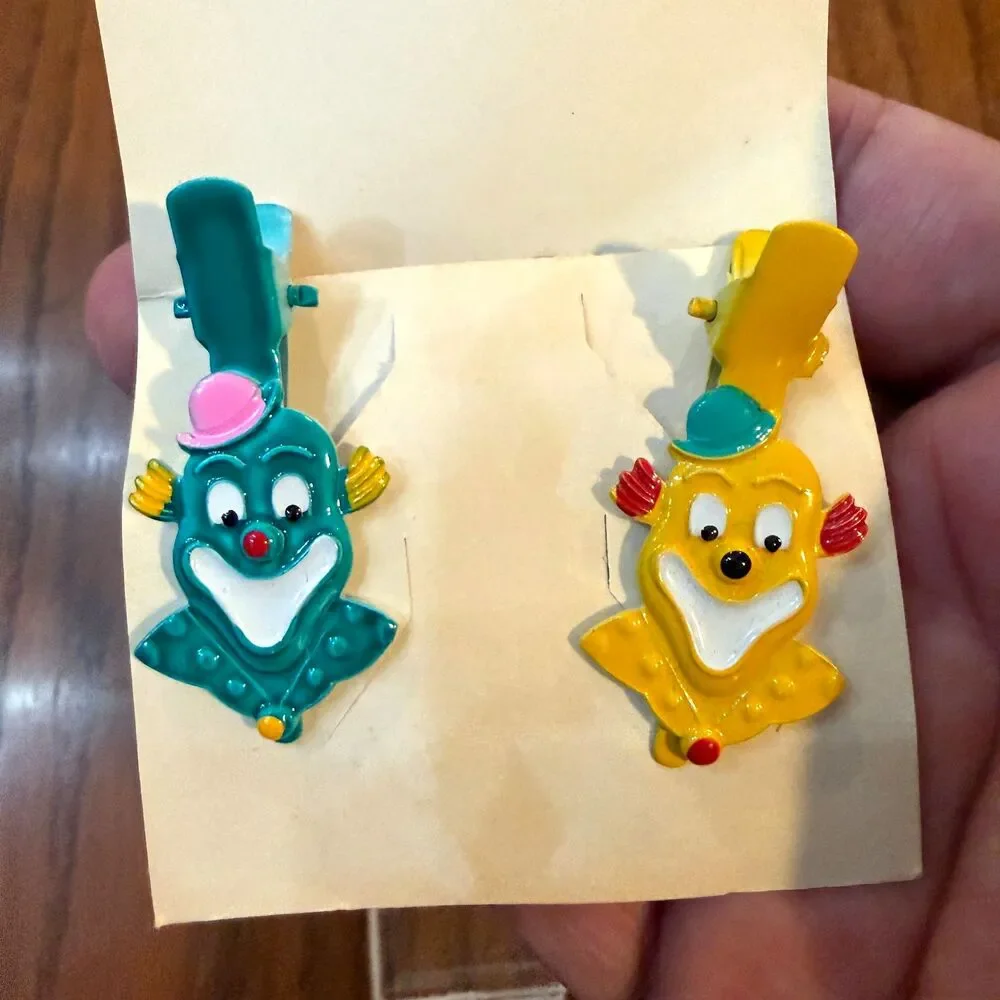 Vintage Karen Zern Clown Hair Barrettes Pair NOS Made Korea Jamesway 1980s